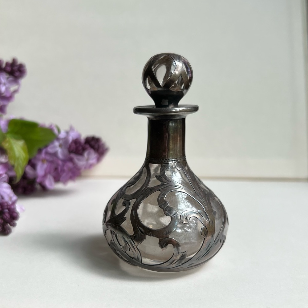 •Sold• Sterling Silver Fragrance Bottle, Glass with Silver Overlay, Antique